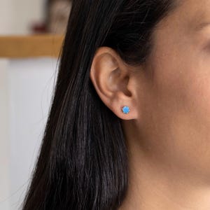 Blue Opal Stud Earrings For Women, 925 Sterling Silver Earrings, Gemstone Earrings, October Birthstone, 5mm Round Studs, Push Back Closure