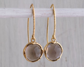 Smoky Quartz Gold Plated Earrings, Smoky Quartz Jewelry, Natural Birthstone, Dangle Earrings, Vintage Style Earrings