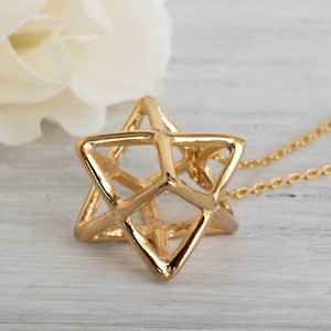 Merkaba Pendant Necklace, 3D Star Of David, 14K Gold Plated, 925 Sterling Silver, Merkaba Necklace, Kabbalah Jewelry, Scared Geometry