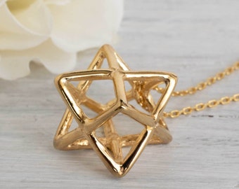 Merkaba Pendant Necklace, 3D Star Of David, 14K Gold Plated, 925 Sterling Silver, Merkaba Necklace, Kabbalah Jewelry, Scared Geometry