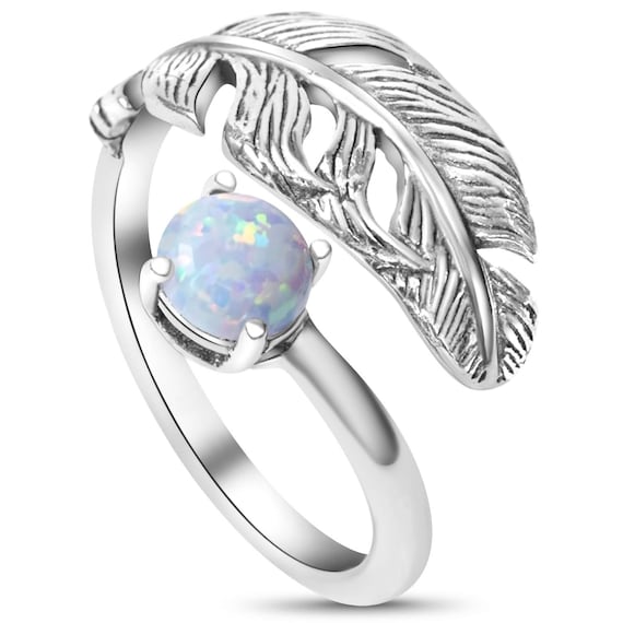 Adjustable Feather Ring With White Opal, 925 Sterling Silver, Open