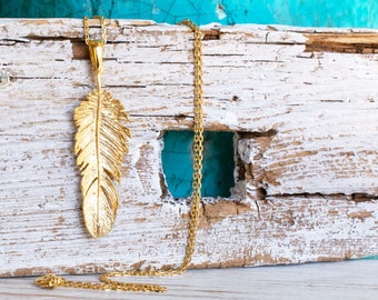 Gold Large Feather Pendant Plated 925 Sterling Silver, Pendant Necklace, Gold Leaf Necklace, Long Necklace, Bohemian Necklace,Silver Jewelry