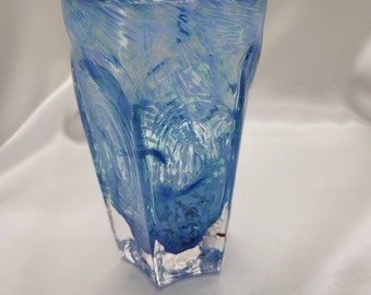 Beautiful hand-blown blue molded glass tumbler with bright red flecks