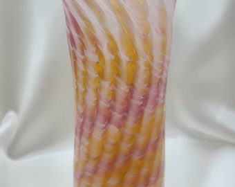 Gorgeous tall slender pink and dark gold hand-blown glass vase