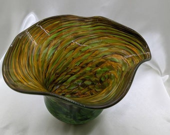 Hand blown green and orange glass bowl