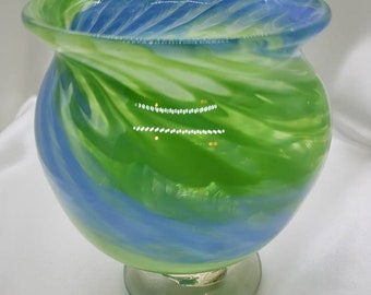 Gorgeous sparkly green and periwinkle blue hand-blown glass widemouth vase