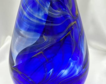 Gorgeous royal blue with orange swirls hand-blown glass vase