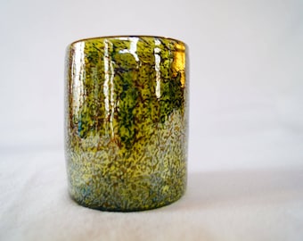 24 - Unique hand-blown drinking glass cup blue and reduced shiny gold spotted pattern