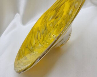 Adorable yellow and white hand-blown glass flat bowl