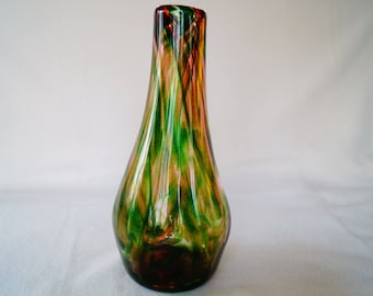 17 - Unique hand-blown vase tall with a narrow neck glittery adventurine green with dark pink ribbons