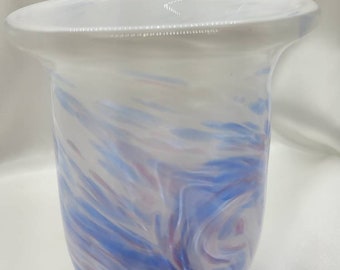 Gorgeous hand-blown glass vase with a widemouth opening white background with blue and pink swirls