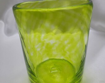 Beautiful Citron green and yellow hand-blown glass tumbler holds a full 12 Oz.