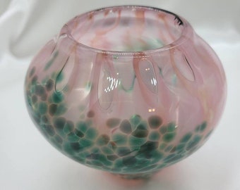 Adorable small vase hand-blown glass with pink, dark forst green, and clear bubbles