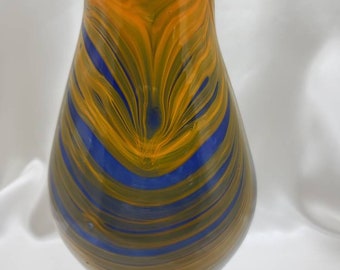 Beautiful striped and swirled blue with orange hand-blown glass vase