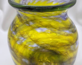Beautiful widemouth hand-blown glass vase with yellow a d light purple spiral swirls
