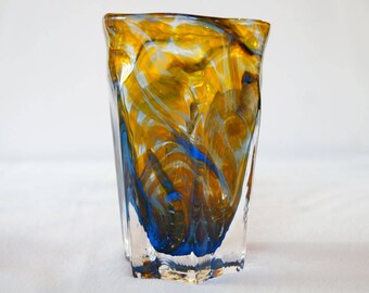 3 - Unique hand-blown and mold formed drinking glass tumbler cup blue and yellow swirl pattern