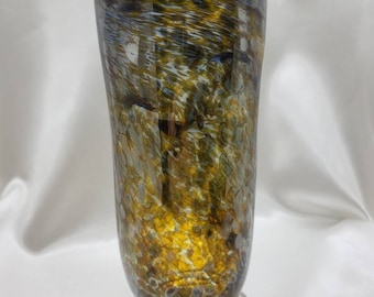 Gorgeous widemouth hand-blown glass vase with blue, dark yellow, and coppery silver outer color