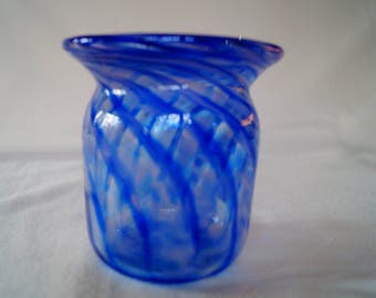 15 - Unique hand-blown vase with blue and pink vertical swirl pattern
