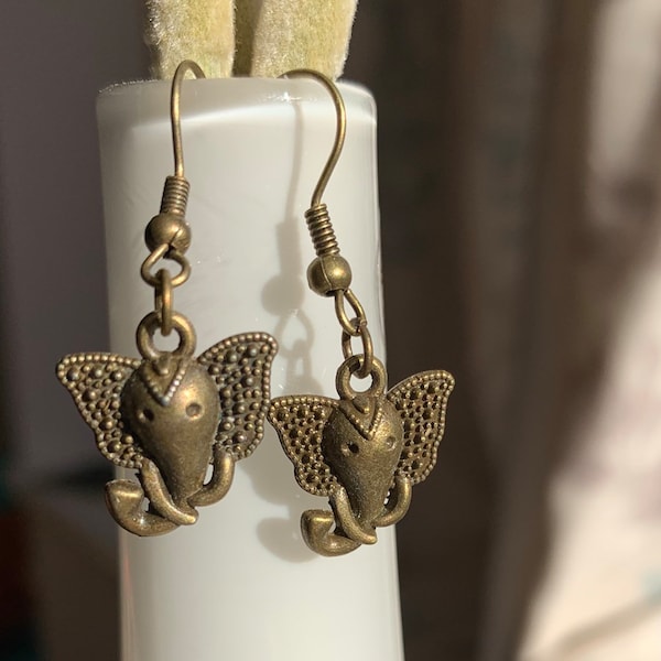 Elephant Head Bronze Tone Drop / Dangle Earrings