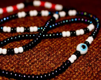 EVIL EYE - Handmade Seed Bead Necklace - Evil Eye Bead - Hippie Beads - Jim Morrison Necklace - Seventies - Love Beads - Rock 'n' Roll