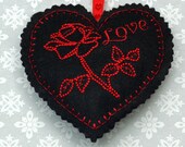 Embroidered heart, felt heart,  hanging heart, machine embroidered heart, love, rose
