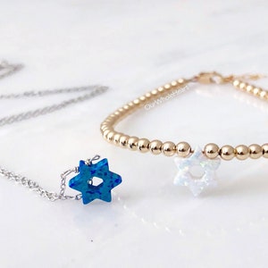 ダビデの星の繊細なブレスレットまたはネックレス（ホワイトまたはネイビー）、ダビデの星のネックレス（ゴールド）、シンプルなダビデの星のブレスレット、小さなマゲン・ダビデ