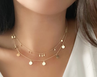 Délicat Coin Chain Choker Collier Plaqué Or ou Argent Sterling Grand et Petit, Délicat Layering Collier Or, Tiny Disc Collier Or