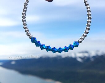 Blue Light Blue Navy or Aqua Swarovski Beaded Bracelet in Sterling Silver Gold Filled or Rose Gold Filled, December Birth Stone Bracelet