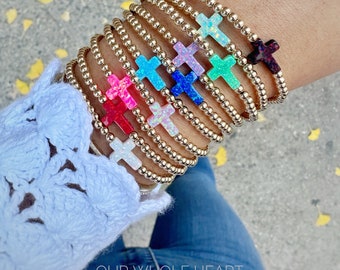 Pulsera de ópalo cruzado / pulsera de cruz de oro delicada, joyería de cruz delicada, pulsera de cruz llena de oro, pulsera de cruz mujeres, regalo de comunión