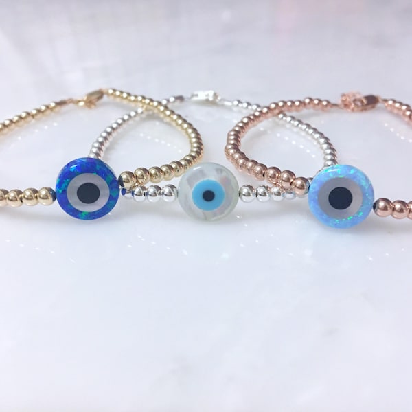 Evil Eye Opal in Dark Blue Light Blue or White on a Beaded Sterling Silver Rose Gold or Gold Filled Bracelet, Evil Eye Jewelry