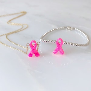 Hot Pink Breast Cancer Awareness Ribbon Bracelet or Necklace in Sterling Silver or Gold Filled, Breast Cancer Awareness Jewelry