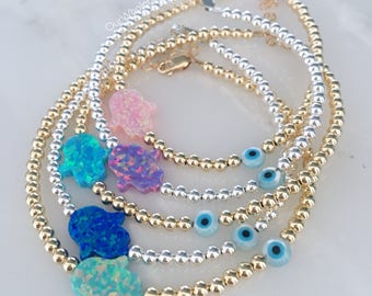 Hamsa con Mini Evil Eye en un brazalete de cuentas relleno de oro de plata esterlina o oro rosa, delicada joyería Hamsa Evil Eye Silver Gold