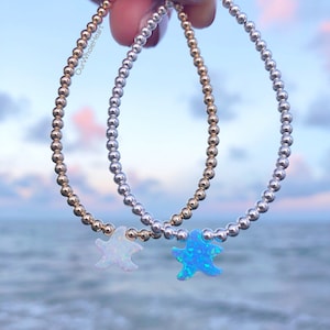 Starfish Opal Beaded Bracelet in White or Light Blue with Sterling Silver Gold Filled or Rose Gold Filled Beads, Starfish Jewelry
