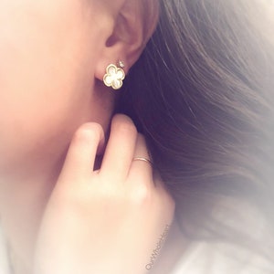 Mother of Pearl Clover Earrings in Sterling Silver Gold Plated or Rose Gold Plated, Four Leaf Clover Earrings, Mother of Pearl Earrings