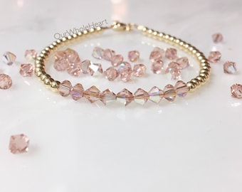 Champagne Swarovski Beaded Bracelet in Sterling Silver Gold Filled or Rose Gold Filled, Delicate Crystal Bracelet, Bridesmaid Gift Wedding