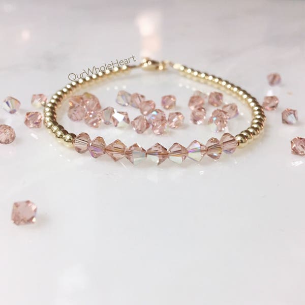 Champagne Swarovski Beaded Bracelet in Sterling Silver Gold Filled or Rose Gold Filled, Delicate Crystal Bracelet, Bridesmaid Gift Wedding