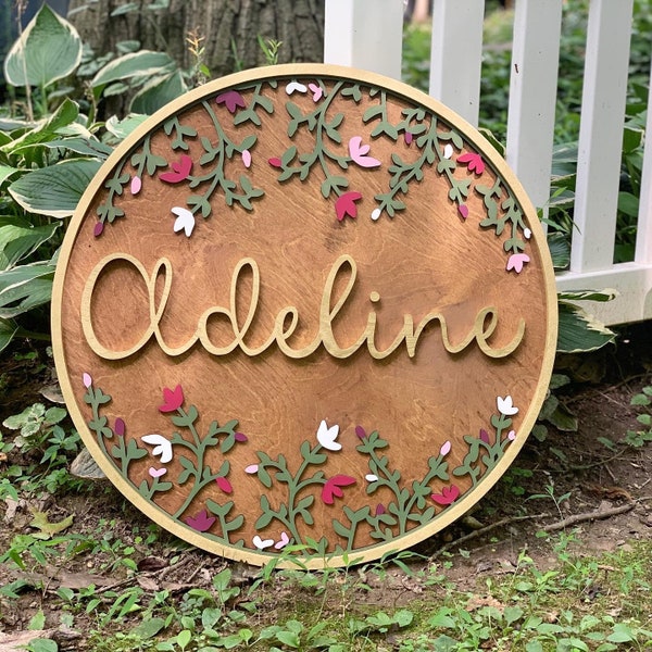 Floral Round Name Sign - Round Name Sign - Nursery Name Sign - Custom Name Sign - Nursery Wall Art - Baby Name Sign