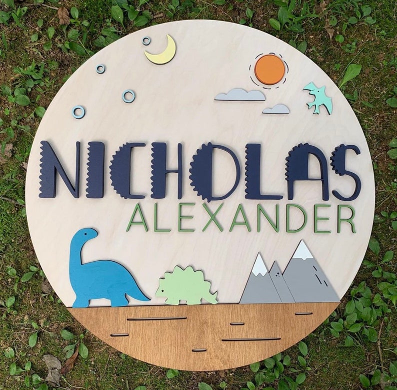 Custom Wood Sign, Round Name Sign, Baby Name Sign, Dino Sign, Dinosaur Sign, Dino Nursery, Dino Decor, Dinosaur Theme image 1