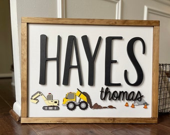 Construction Name Sign, Digger Sign, Dump Truck Excavator Sign, Framed Nursery Sign