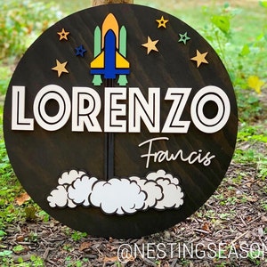 Custom Wood Sign, Round Name Sign, Baby Name Sign, Space Nursery, Rocket Ship Sign, Space Sign, Outer Space Decor, Spaceship Sign