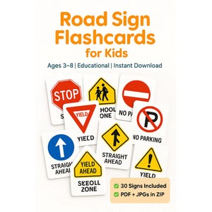 子供向けの印刷可能な道路標識 | 教室の装飾、ホームスクール学習ポスター、交通安全フラッシュカードセットに最適な教育用交通標識