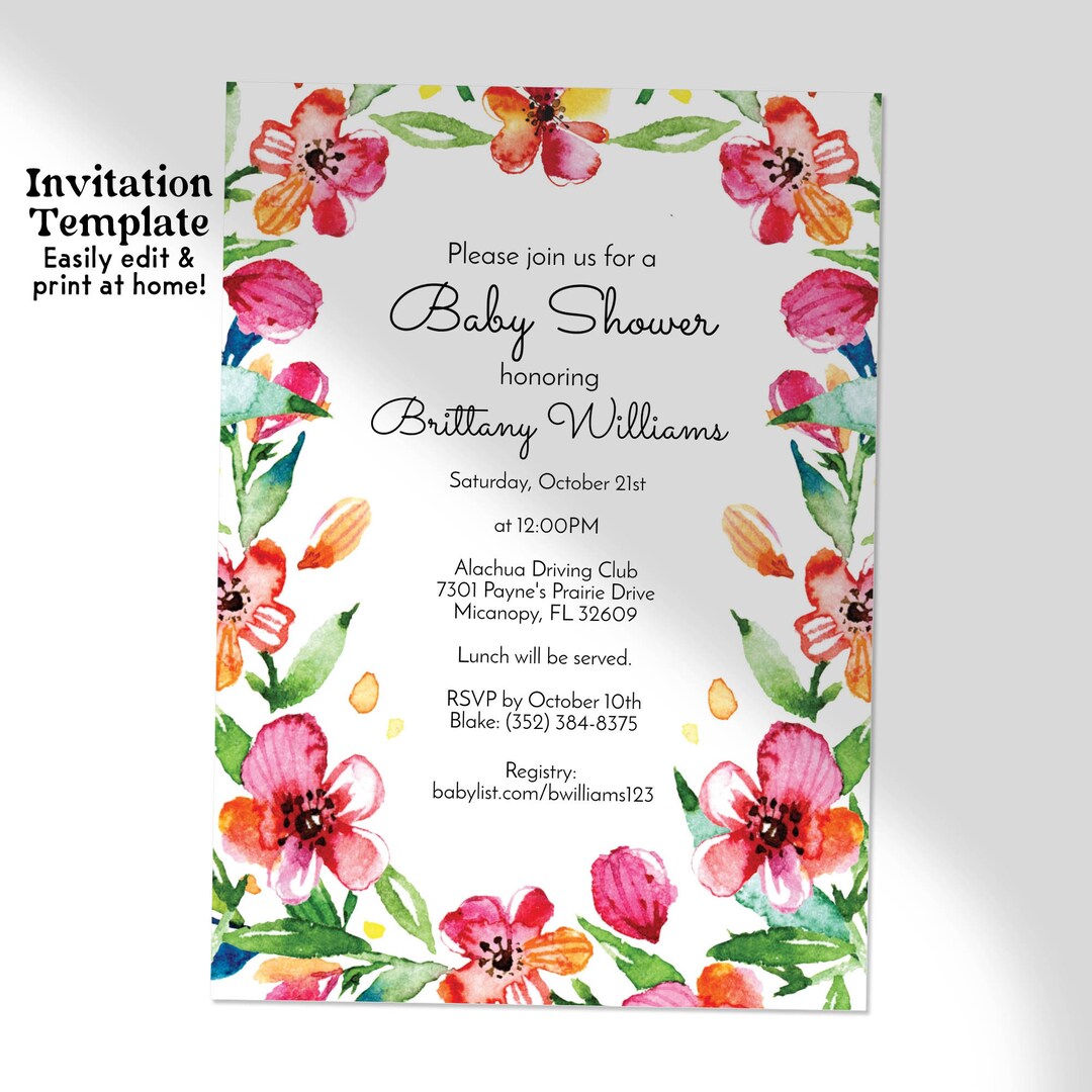 Printable Baby Shower Invitation Tropical Flowers Baby Shower Invitations Etsy
