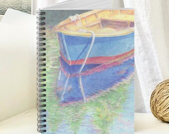 Boat Reflections Spiral Bound Notebook - Ruled Line, 118 pages, 6 x 8 size, soft cover journal, boat cover art, gift for mom, teacher gift