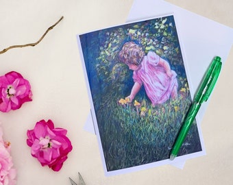 Little girl picking flowers greeting card, Colored pencil and pastel art, 5 x 7 glossy blank card