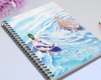 Two Ducks Swimming Spiral Notebook - Ruled Line, 118 pages, soft cover journal, duck cover art, gift for mom, gratitude journal