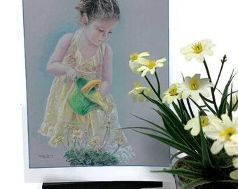 Little girl watering flowers greeting card, 5 x 7 blank glossy card, color pencil art