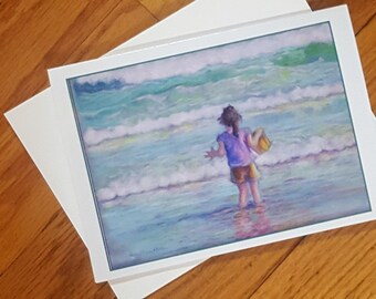 Ocean Greeting card, little girl at beach, 5 x 7 glossy blank card, colored pencil art