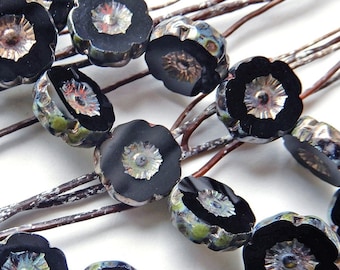 Perles fleur hawaïenne 12 mm verre de Bohême noir Tchèques