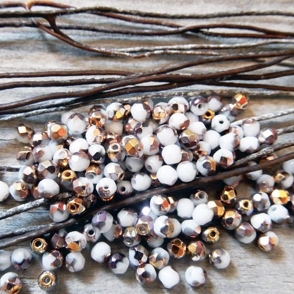 Perles de Bohême 3 mm blanc or polies au feu verre facettes Tchèque