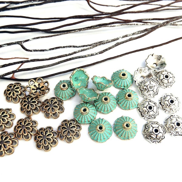 10 calottes coupelles 10 mm argent ou bronze doré ou or patine turquoise au choix